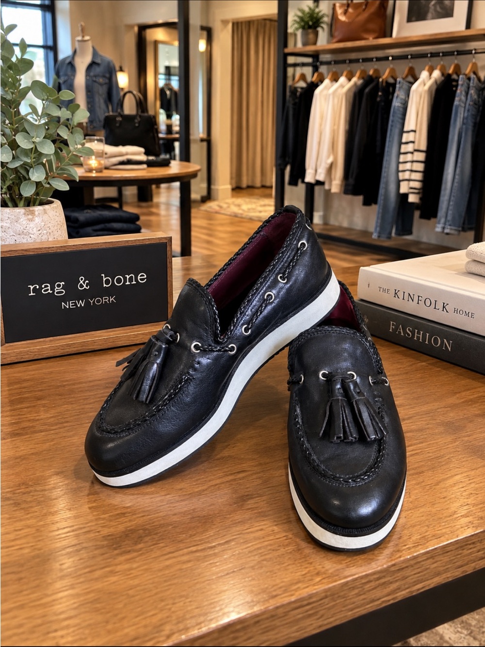 rag & bone Black Leather Tassel Slip-On Loafers with White Sole